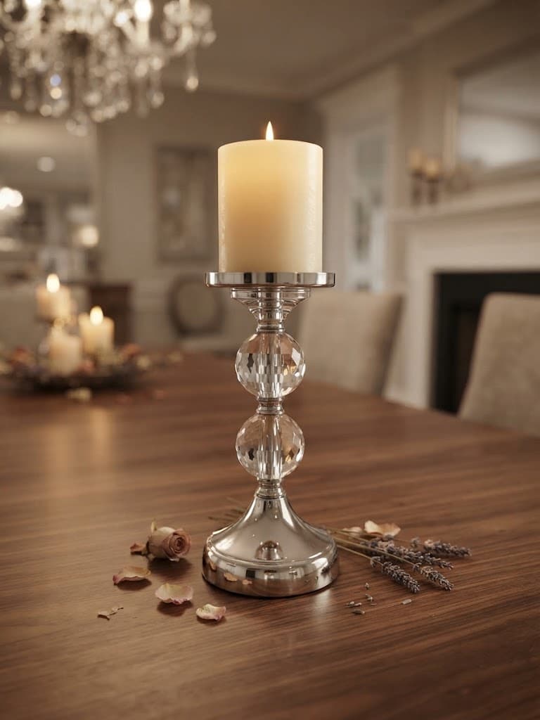 K&S Compact Silver and Faceted Crystal Ball Pillar Candle Holder