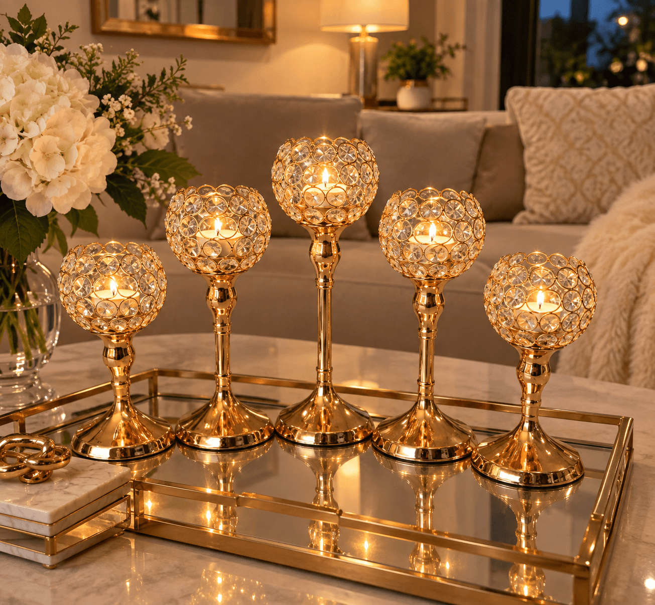K&S Elegant Beaded Crystal Gold Candle Holder Set