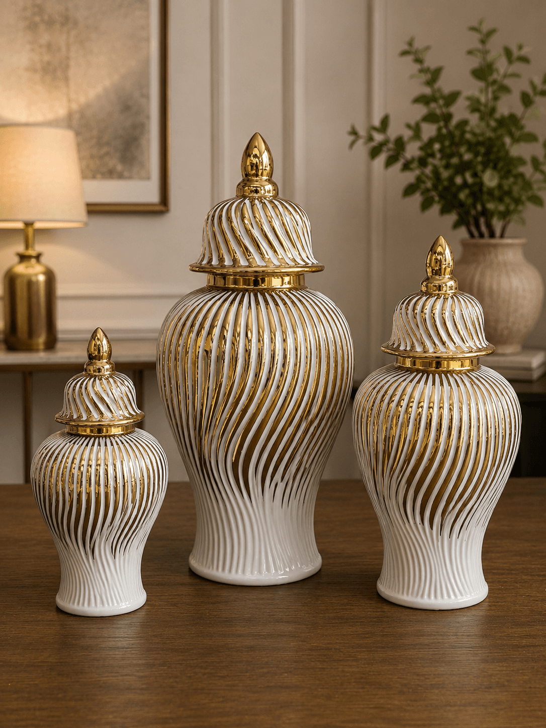 K&S Modern White & Gold Spiral Swirl Ginger Jar Set (3-Piece Set)
