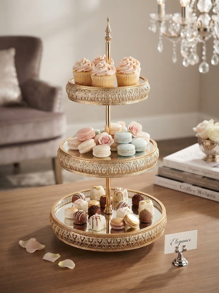 K&S Elegant Gold Filigree Three-Tiered Pedestal Dessert Stand