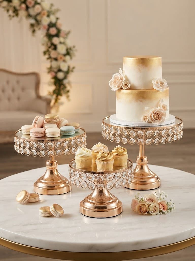 K&S Elegant Rose Gold and Crystal Ring Pedestal Cake Stand Collection