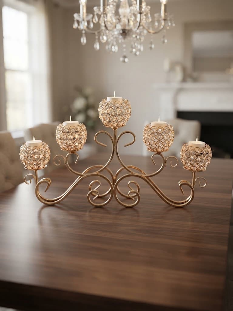 K&S Elegant Gold Filigree Five-Arm Crystal Candelabra