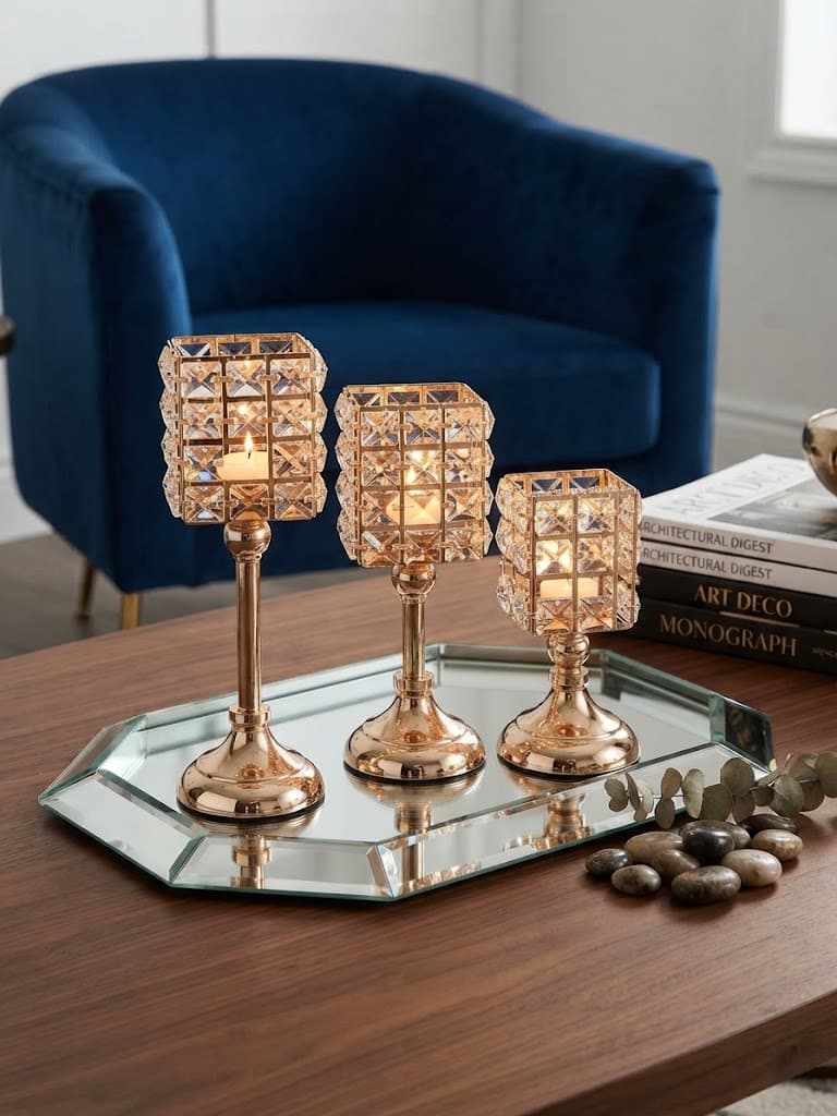 K&S Elegant Gold and Faceted Crystal Pedestal Candle Holder Set