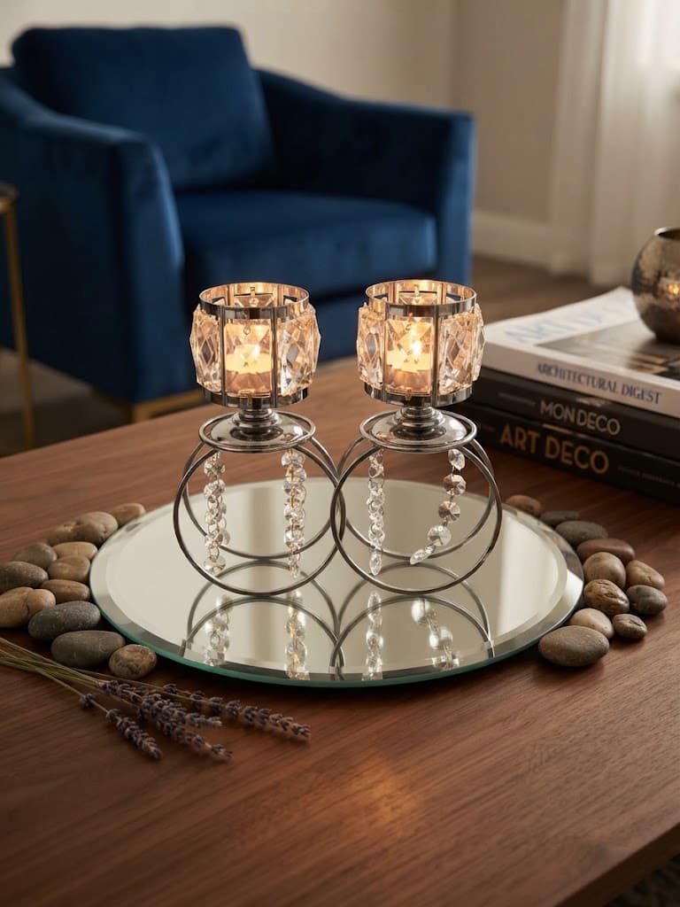 K&S Elegant Silver and Faceted Crystal Pedestal Candle Holder Set