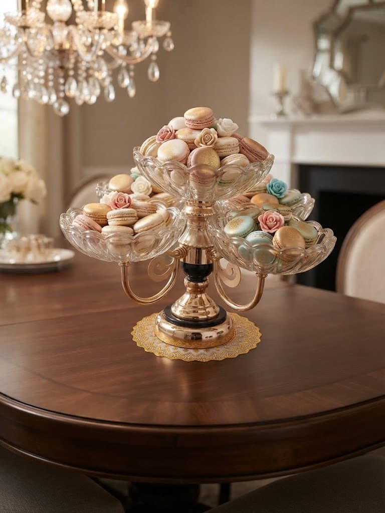 K&S Elegant Gold and Crystal Multi-Bowl Branching Pedestal Dessert Stand