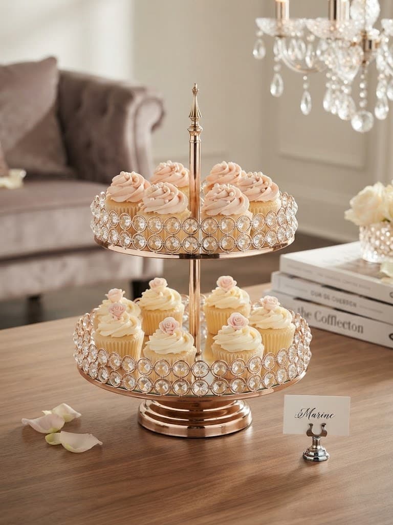 K&S Elegant Rose Gold and Crystal Two-Tiered Pedestal Dessert Stand