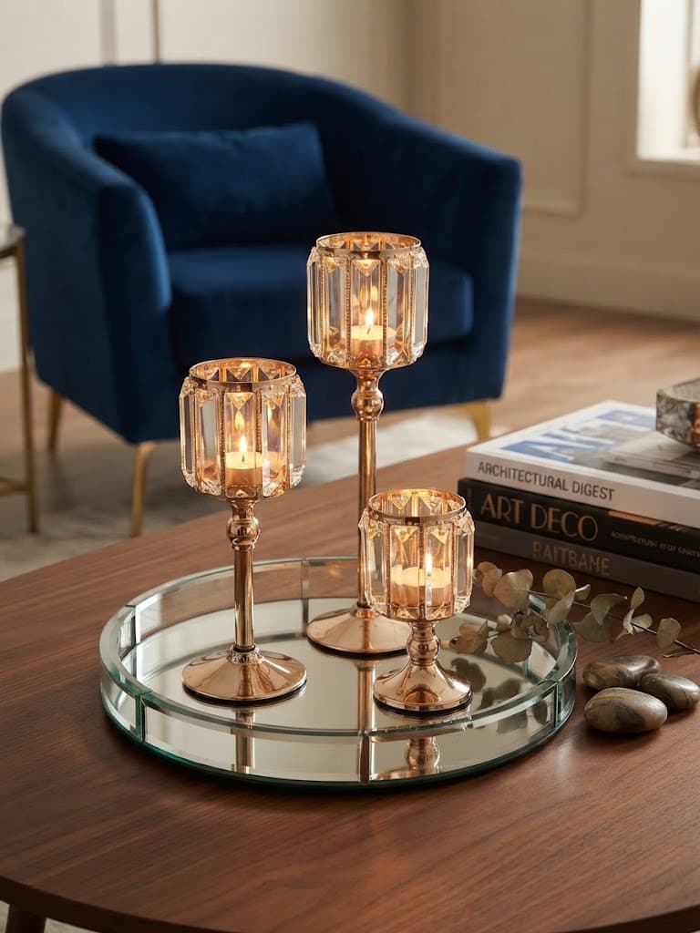 K&S Elegant Gold and Faceted Crystal Pedestal Candle Holder Set