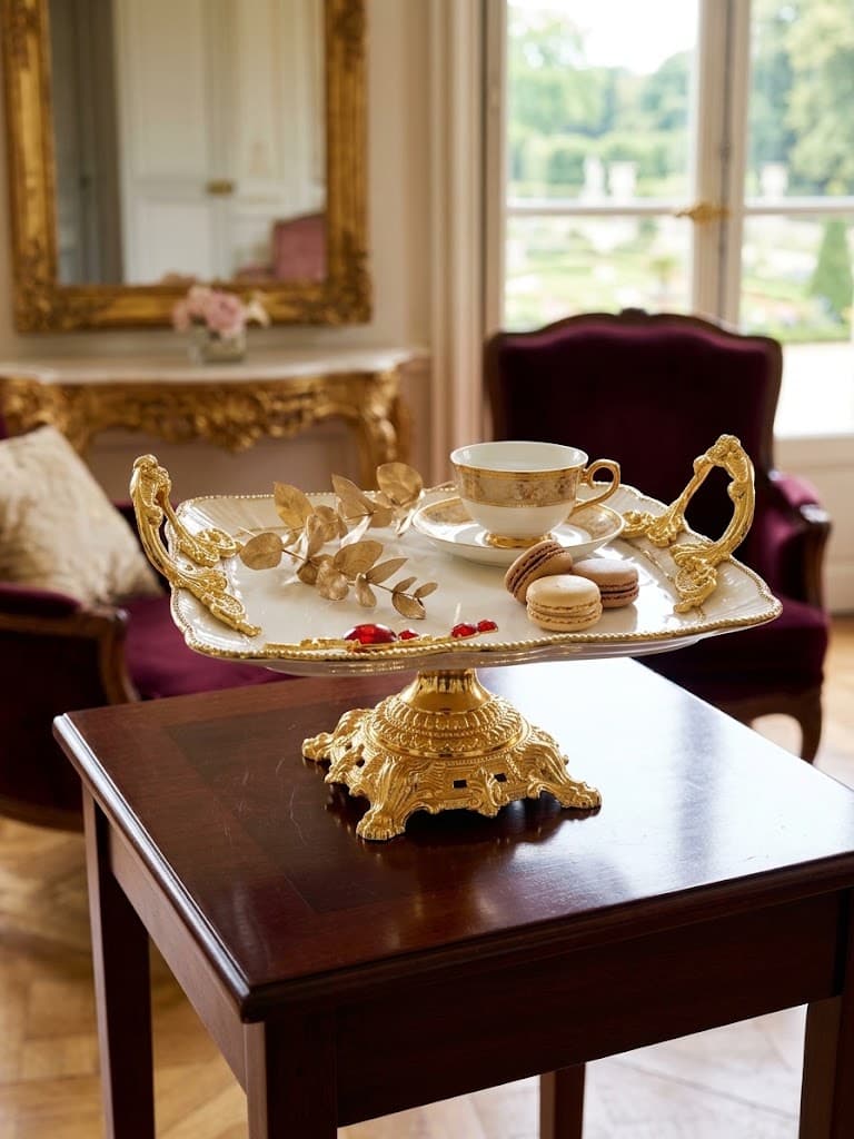 K&S Vintage Gold-Handled Ceramic Pedestal Serving Platter