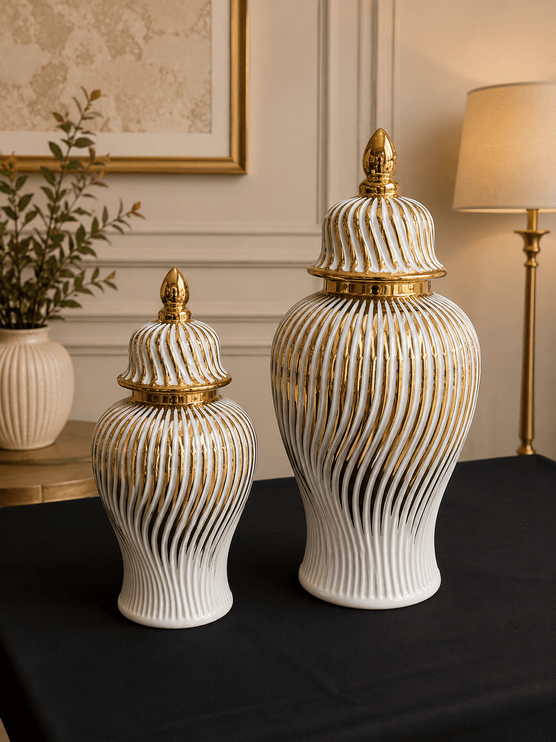 K&S Modern White & Gold Spiral Swirl Ginger Jar Set (2-Piece Set)
