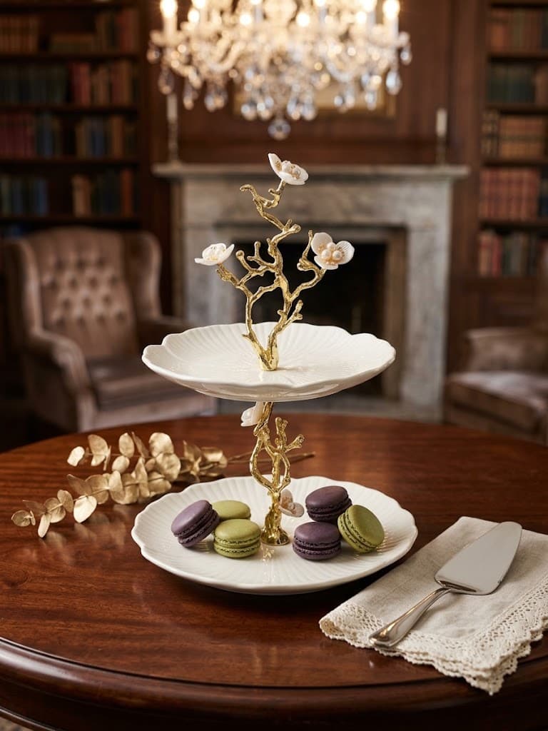 K&S Floral Botanical Gold Branch Two-Tiered Serving Stand
