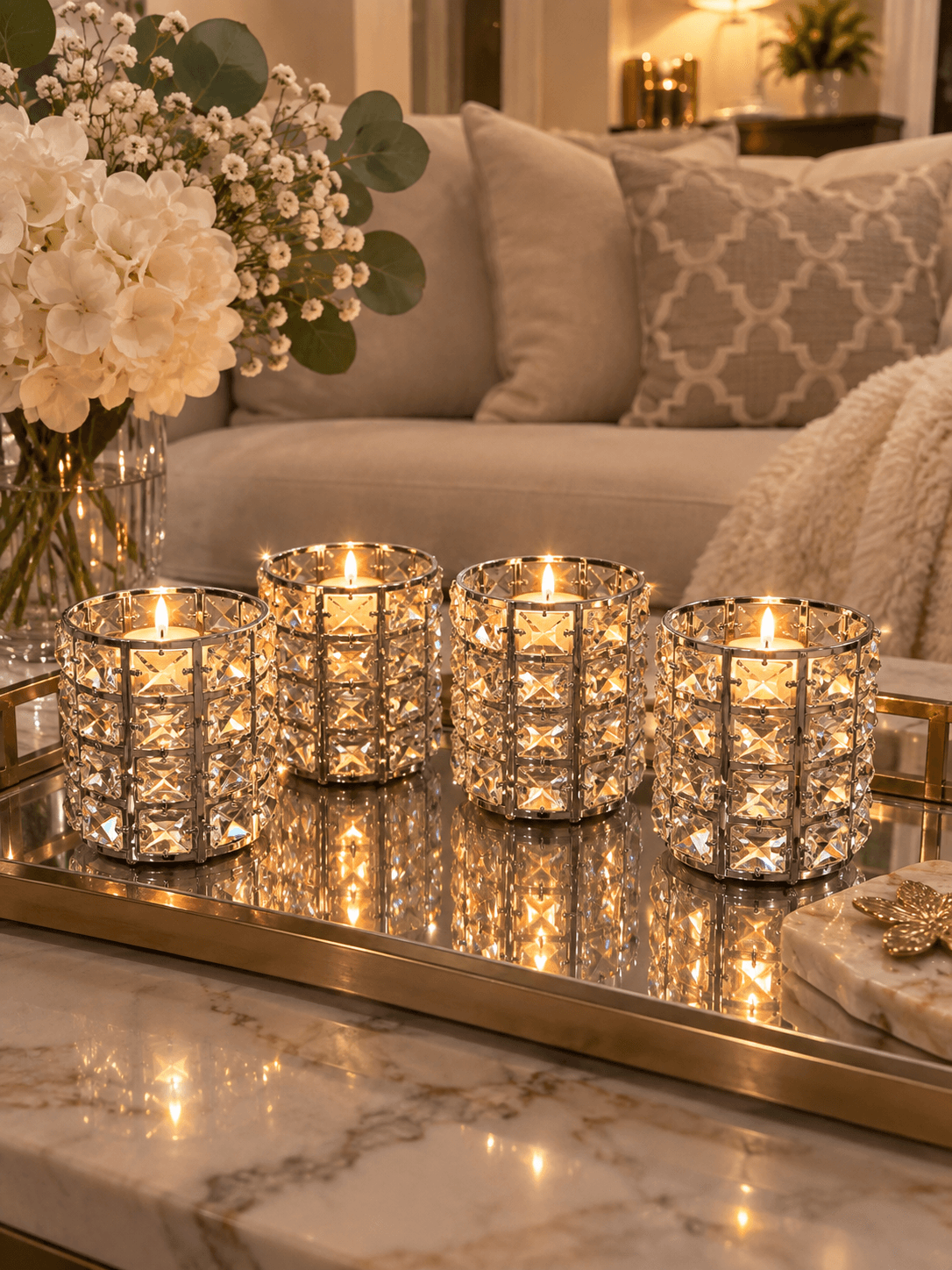 K&S Elegant Silver and Faceted Crystal Votive Candle Holder Set