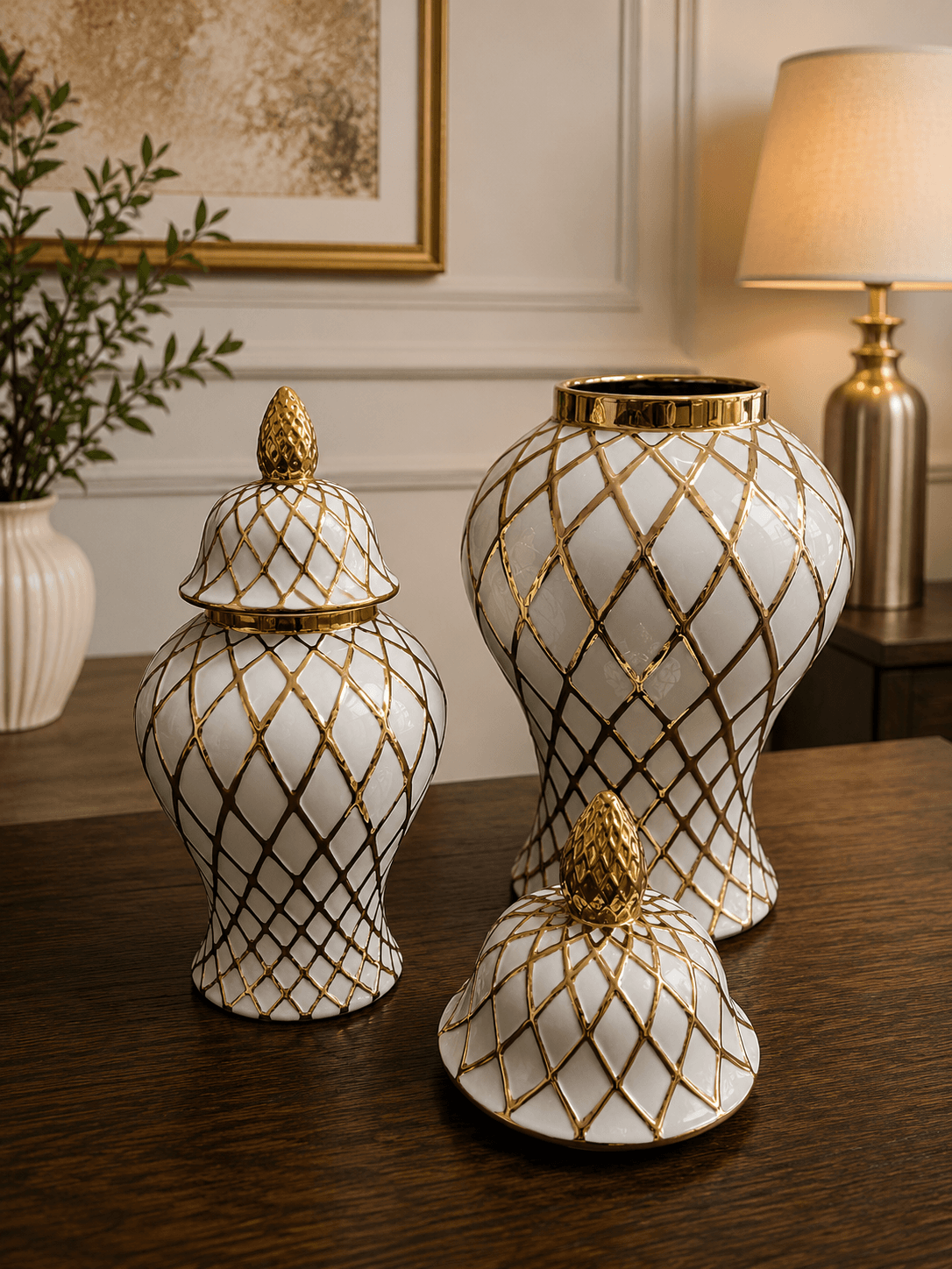 K&S Modern White & Gold Diamond Lattice Ginger Jar Set (2-Piece Set)