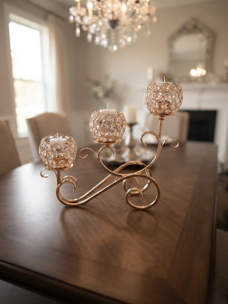 K&S Elegant Gold Filigree Three-Arm Crystal Candelabra