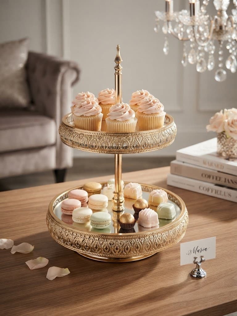 K&S Elegant Gold Filigree Two-Tiered Pedestal Dessert Stand