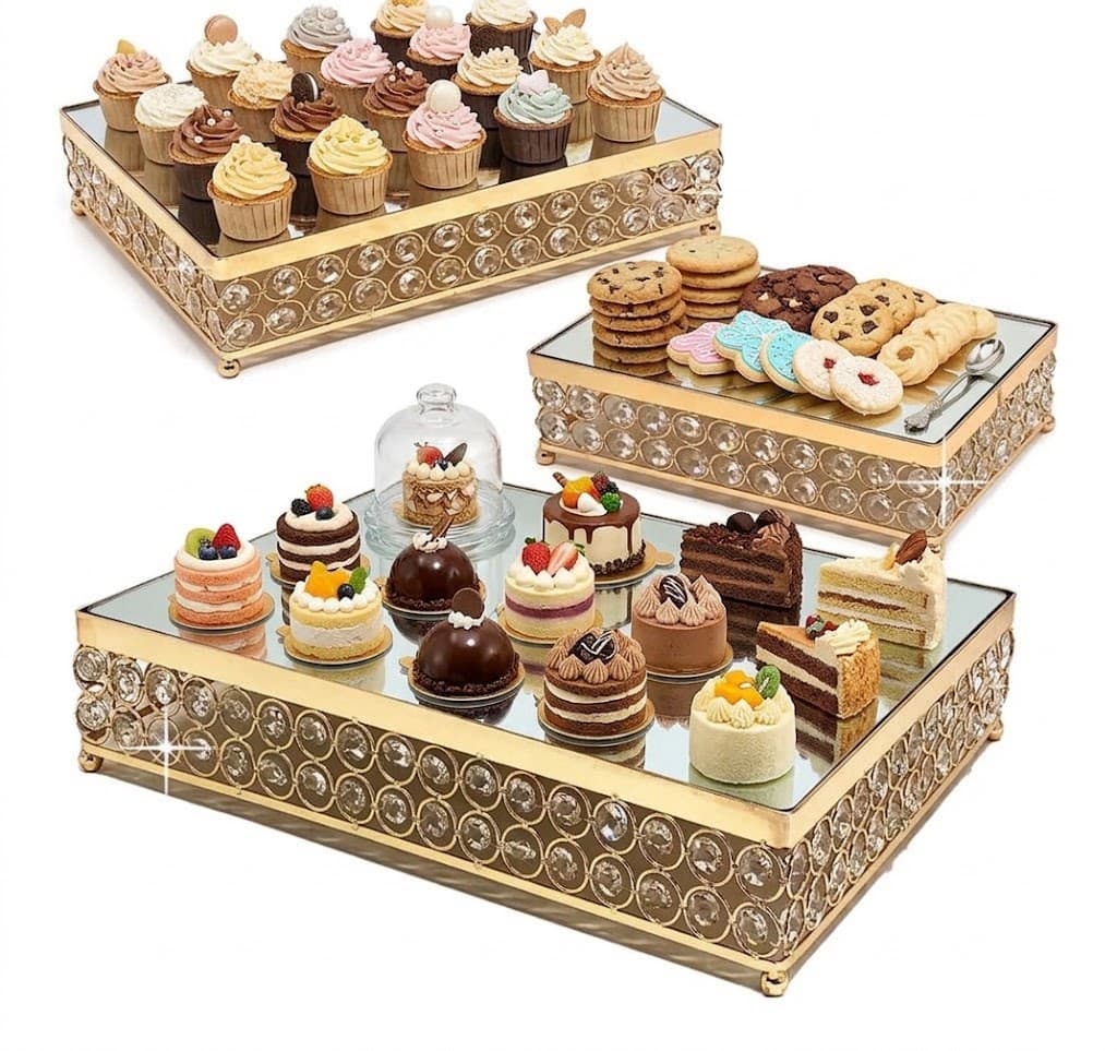 K&S Elegant Tiered Gold & Crystal Mirrored Dessert Display Risers - Set of 3