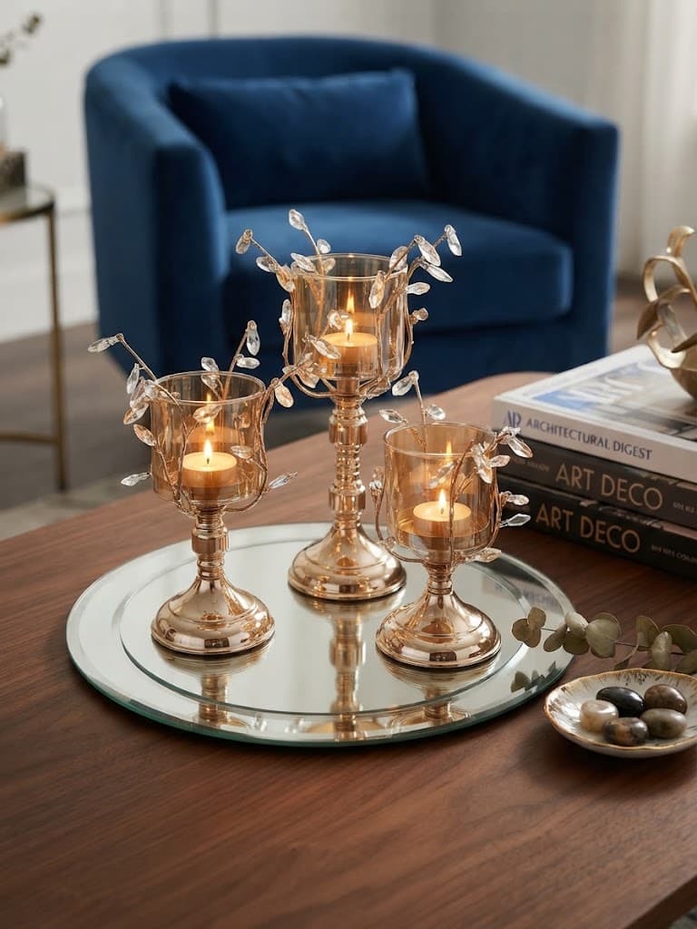 K&S Elegant Gold and Amber Glass Branching Crystal Candle Holder Set