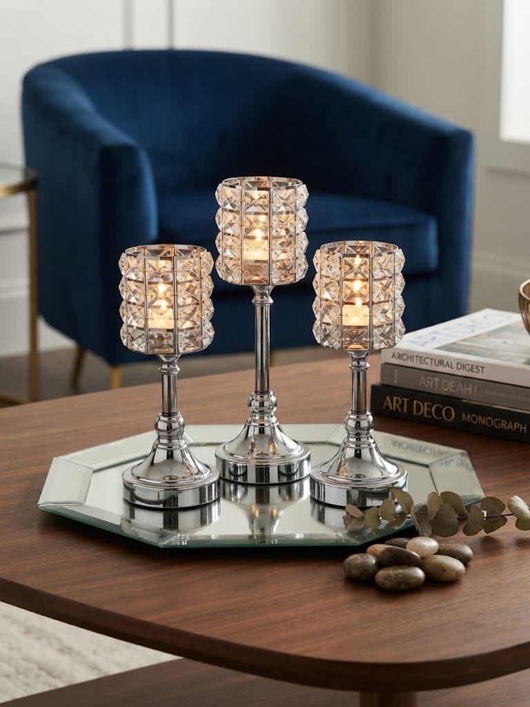 K&S Elegant Silver and Faceted Crystal Pedestal Candle Holder Set