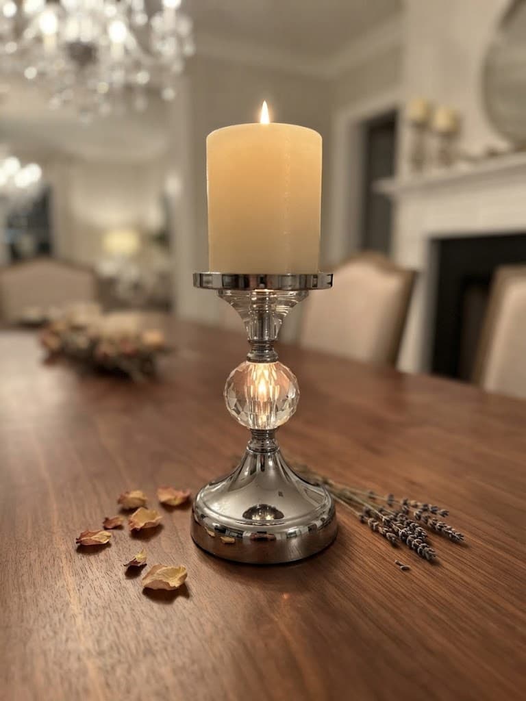K&S Petite Silver and Faceted Crystal Ball Pillar Candle Holder