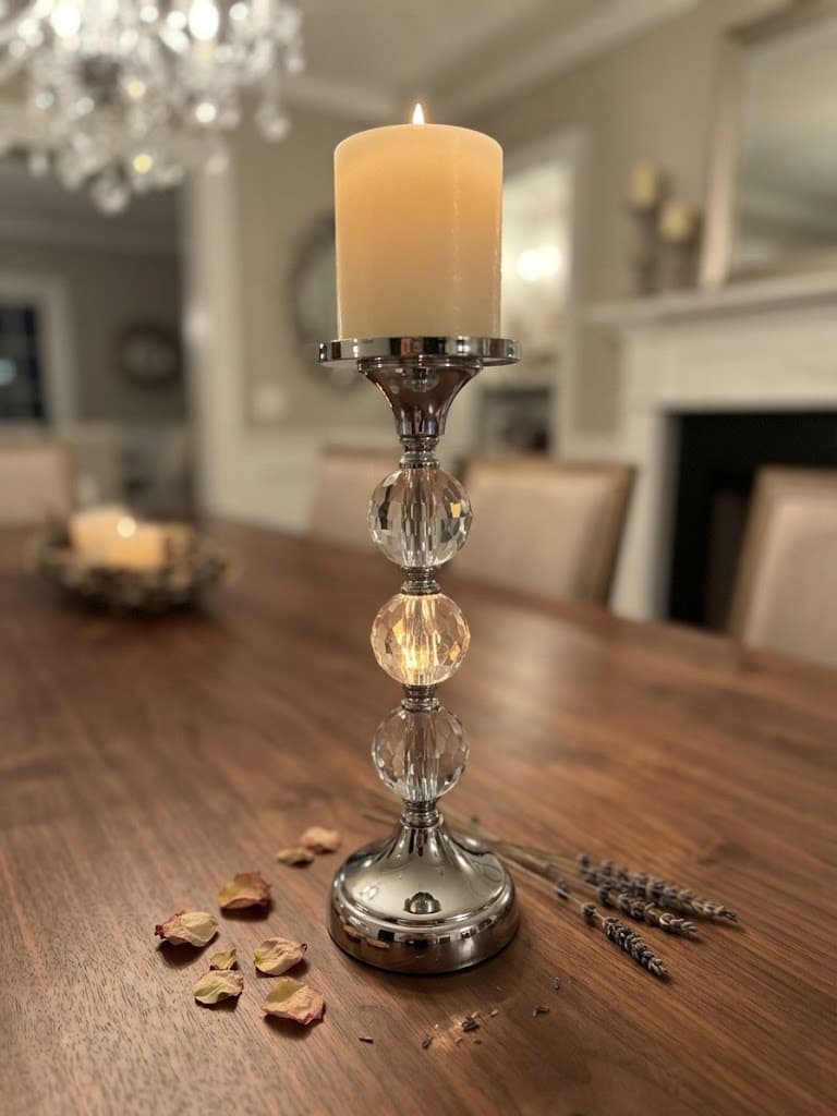 K&S Elegant Silver and Faceted Crystal Ball Pillar Candle Holder