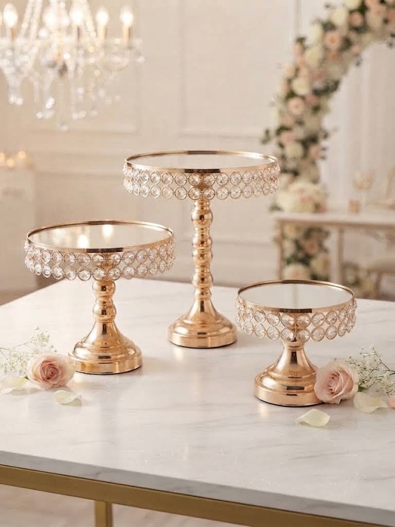K&S Elegant Rose Gold and Crystal Ring Pedestal Cake Stand Set