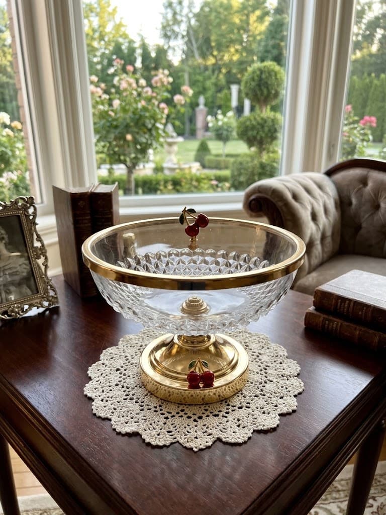 K&S Elegant Cut-Crystal Cherry-Accent Pedestal Bowl Display